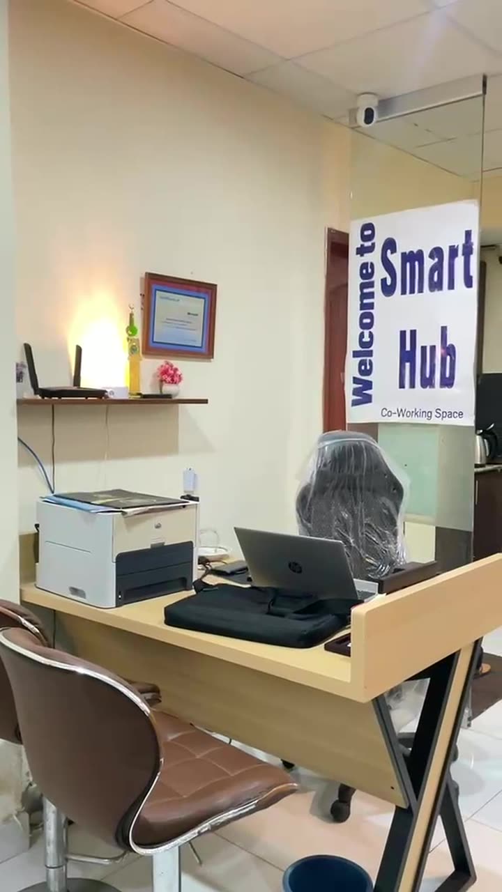 Smart Hub reception desk with welcome sign